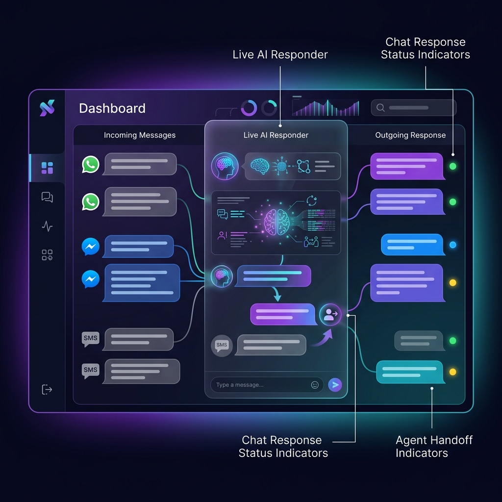 AI Message Automation Interface showing WhatsApp, Messenger, and SMS channels